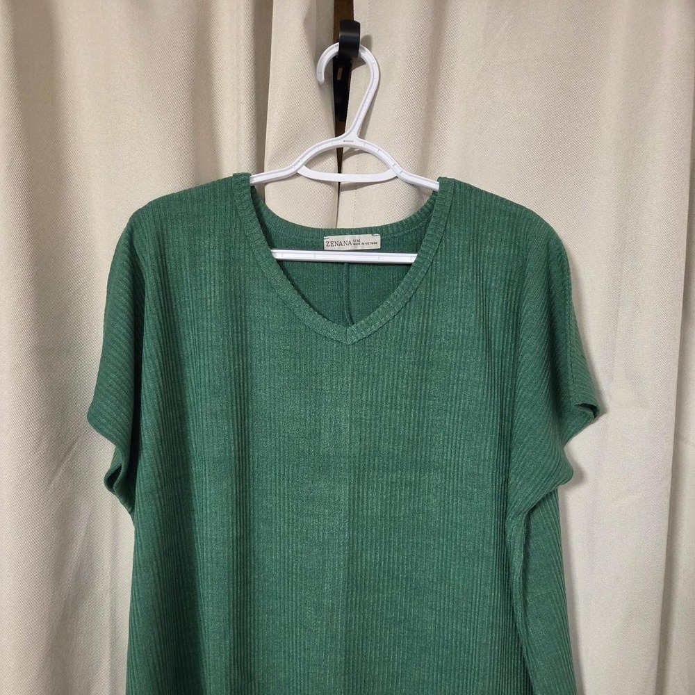 Zenana Green Ribbed V-neck Shirt